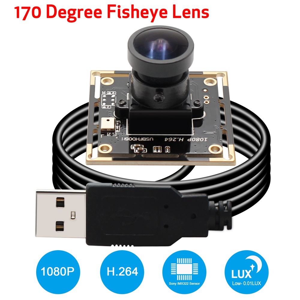 ELP 1080P Low Light Camera Board Sony IMX322/IMX323 UVC H.264 Wide Angel 170 degree fisheye USB Webcam Camera Module for Video intercom